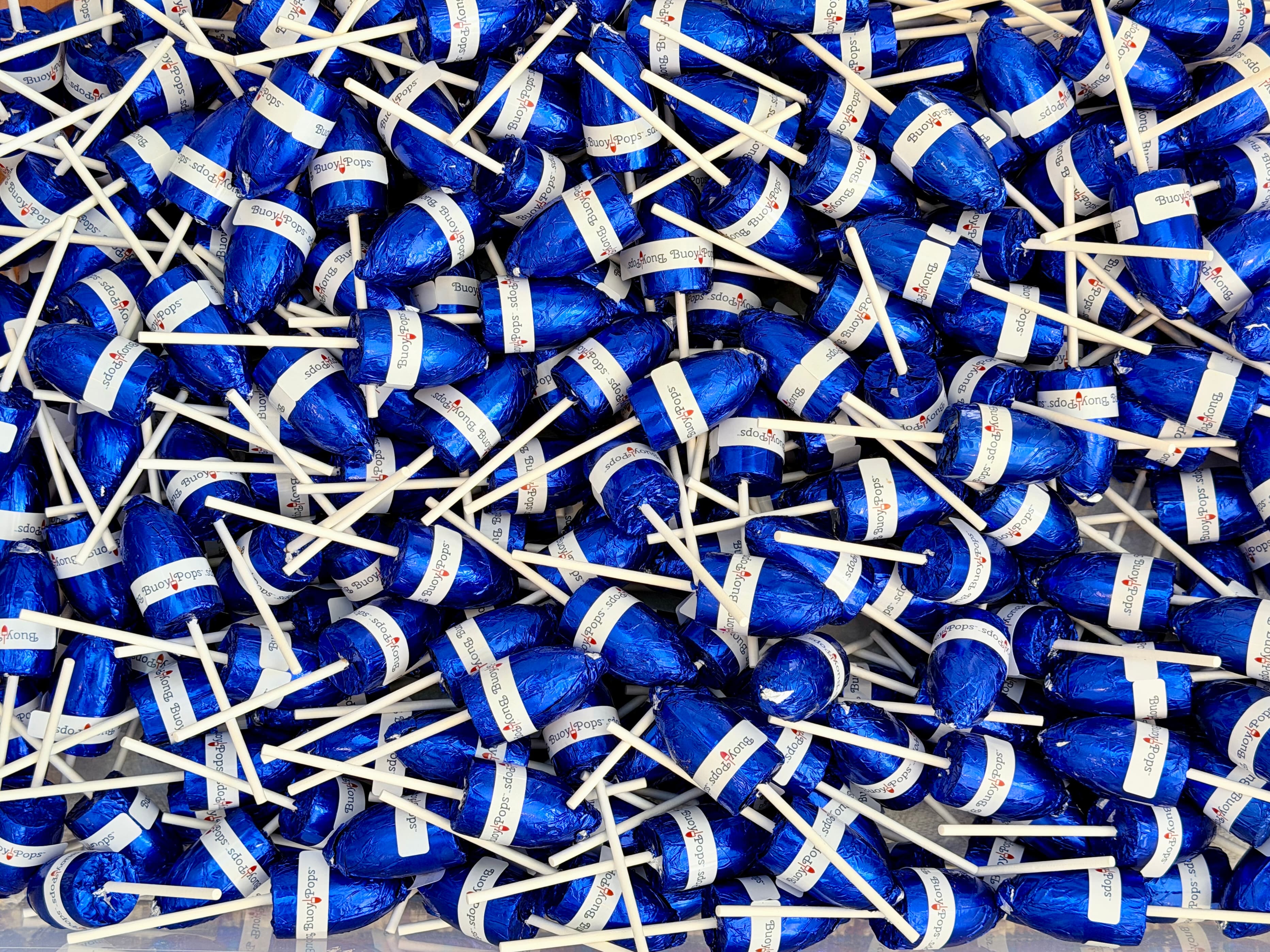 Blue-wrapped Buoy Pops chocolates for retailers